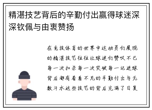 精湛技艺背后的辛勤付出赢得球迷深深钦佩与由衷赞扬