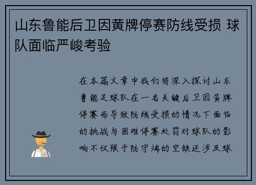 山东鲁能后卫因黄牌停赛防线受损 球队面临严峻考验