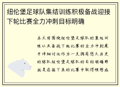 纽伦堡足球队集结训练积极备战迎接下轮比赛全力冲刺目标明确