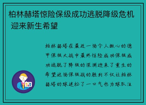 柏林赫塔惊险保级成功逃脱降级危机 迎来新生希望