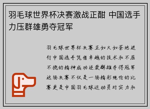 羽毛球世界杯决赛激战正酣 中国选手力压群雄勇夺冠军