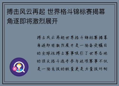 搏击风云再起 世界格斗锦标赛揭幕 角逐即将激烈展开